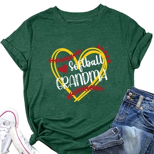 Close-up of Softball Grandma graphic on comfortable dark green crew neck cotton t-shirt