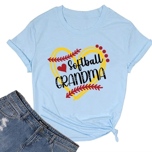 Flat lay of light blue softball grandma cotton T-shirt with heart graphic and denim jeans