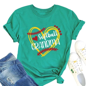 Flat lay of a teal Softball Grandma t-shirt styled with denim jeans and sneakers