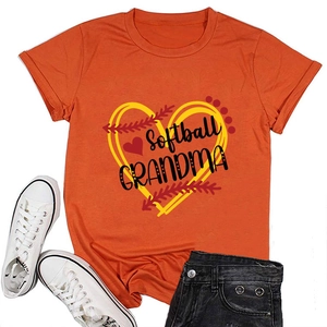 Close-up of orange Softball Grandma T-shirt with vibrant heart print and soft texture