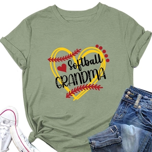 Detail of green softball grandma tee featuring yellow heart and stitched ball graphic