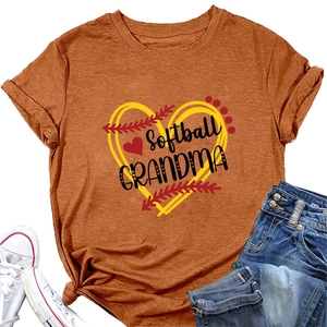Detail of the softball grandma print on a rust orange crew neck cotton t-shirt