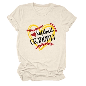 Detail of Softball Grandma print on light beige t-shirt with baseball stitching and hearts