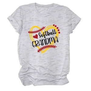 Detail of Softball Grandma print on grey cotton t-shirt with heart and baseball patterns