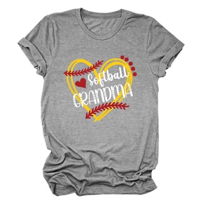 Detailed view of Softball Grandma print with heart pattern on gray crew neck t-shirt
