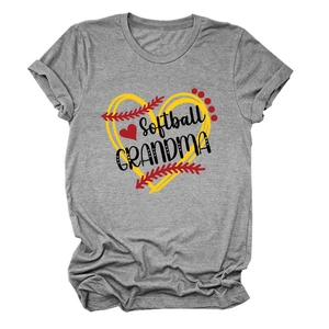 Detail of Softball Grandma print on grey melange short sleeve t-shirt with heart graphics
