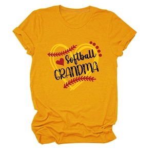 Detail view of Softball Grandma graphic print on soft yellow cotton crew neck T-shirt