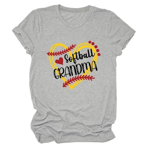 Detail of grey Softball Grandma t-shirt with colorful heart and softball stitch pattern
