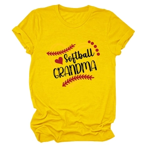 Detail of Softball Grandma print on yellow crew neck T-shirt with heart and seam graphics