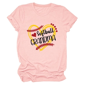 Detail of Softball Grandma print with heart border on pink cotton short sleeve t-shirt