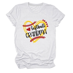 Close-up of Softball Grandma print on white cotton T-shirt with rolled sleeve detail