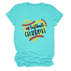 Flat lay of a teal cotton t-shirt with Softball Grandma heart print on white background