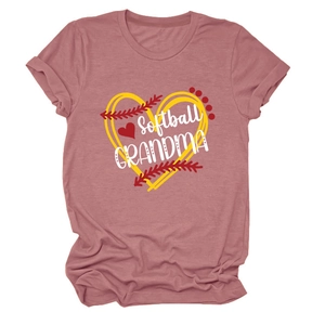 Detailed view of Softball Grandma graphic print on soft pink cotton crewneck t-shirt