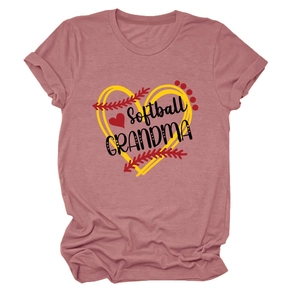 Detail of Softball Grandma print on a mauve crew neck cotton T-shirt with heart graphic