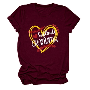 Close-up of maroon cotton t-shirt featuring Softball GRANDMA heart graphic print