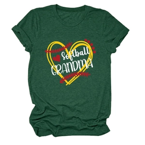 Detail of Softball Grandma print with heart design on a heather green crewneck T-shirt