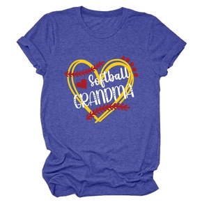 Detail of the Softball Grandma heart graphic and textured fabric on dark blue tee