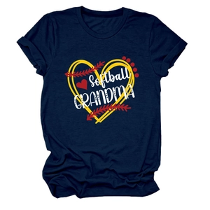 Detail of Softball Grandma print with heart texture on navy blue cotton T-shirt