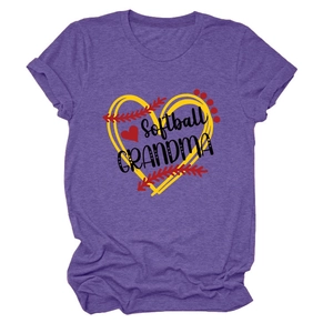 Detail of Softball Grandma print on purple cotton t-shirt with heart graphic