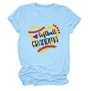 Detail of Softball Grandma heart print on light blue cotton crew neck t-shirt
