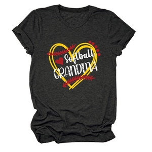 Detail view of Softball Grandma heart print on a dark gray short sleeve T-shirt
