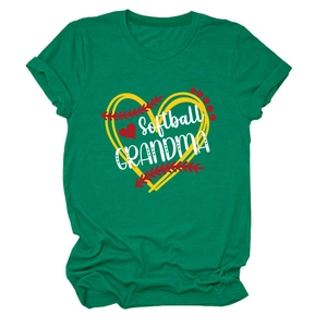 Close-up of green cotton t-shirt featuring yellow heart and softball grandma print