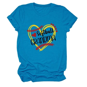 Bright blue Softball Grandma crew neck cotton t-shirt with heart and baseball graphics
