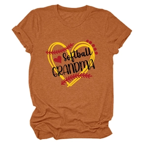 Close-up of rust orange Softball Grandma t-shirt with yellow heart baseball graphic