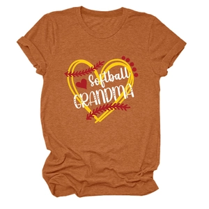 Detail of Softball Grandma print on rusty orange crew neck cotton t-shirt for women