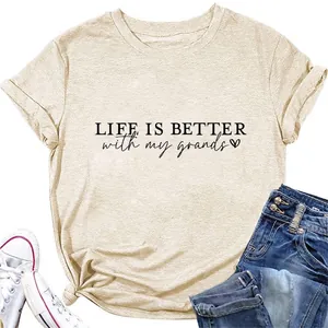 Women's Casual Cotton Blend T-Shirt Life Is Better With My Grands Slogan Print Round Neck Short Sleeve Tee Loose Top