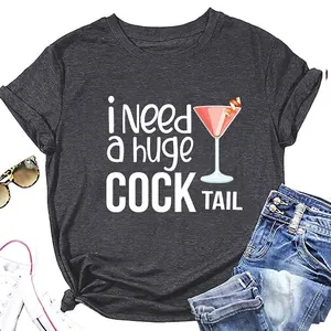 T-Shirt Donna Manica Corta Misto Cotone Girocollo Grafica I Need A Huge Cocktail Allentato Casual Estate Top