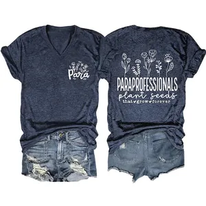 T-Shirt Décontracté à Col en V pour Femmes Manches Courtes Imprimé Floral Lettre Para Mélange de Coton Été Large Top