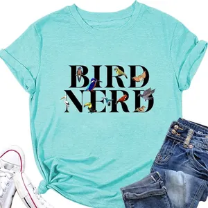 T-Shirt Femmes Imprimé Graphique Bird Nerd Manches Courtes Col Rond Haut Été Décontracté Mélange Coton Pour Amoureux Nature