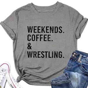 Maglietta da Donna Casual Girocollo Manica Corta Weekends Coffee And Wrestling Slogan Misto Cotone Estate Top Largo Moda