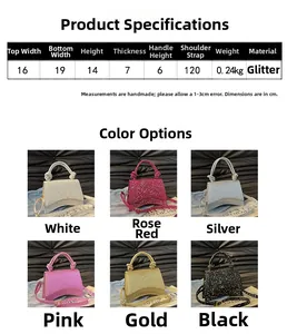 Detailed size specifications and color options for the sequin hourglass crossbody bag