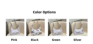 Multiple views of butterfly print underarm bags in pink, black, green, and silver colors