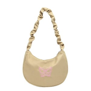 Beige hobo shoulder bag with pink butterfly embroidery and scrunchie pleated strap