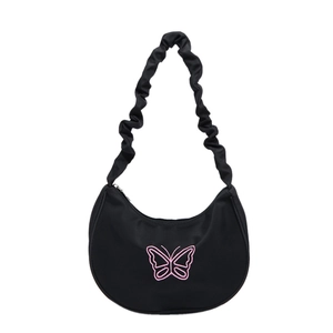Black half-moon shoulder bag with pink butterfly embroidery and ruffled strap design