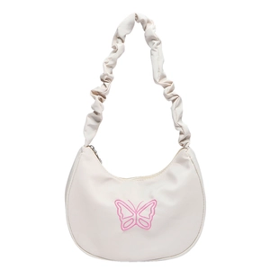 Creamy white shoulder bag with pink butterfly embroidery and pleated handle for women
