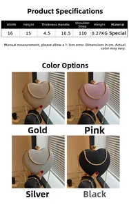 Detailed dimensions of the heart-shaped evening bag with glitter texture and chain strap