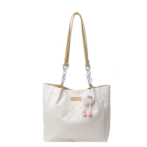 White checkered tote bag with chain strap, fashion label, and cute pink pompom charm