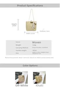 Size chart and color comparison for lightweight woven summer tote bag with bow detail