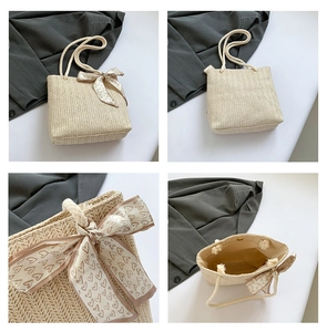 Detailed views of woven straw bucket bag with cotton rope handles and silk scarf detail