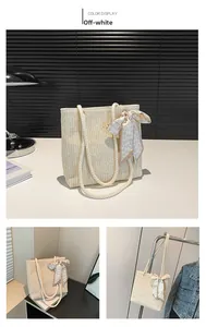 Detailed views of a cream white woven straw tote bag with decorative silk scarf and rope handles