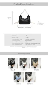 Detailed size guide and specifications for the pearl chain bucket bag with dimensions