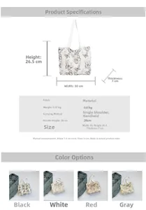 Detailed view of canvas tote bag dimensions 30x26.5x7cm with butterfly print and strap height
