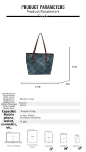Detailed size chart of blue denim tote bag with capacity measurements for daily commute