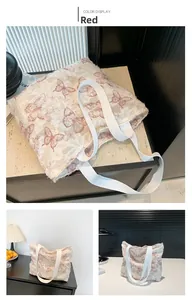 Close-up of white plush tote bag with red butterfly patterns and wide canvas straps