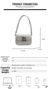 Detailed product dimensions and specifications for white PU leather shoulder bag with M logo