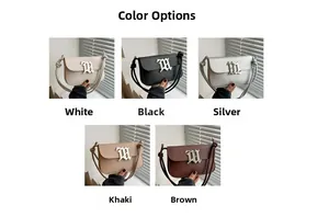 Minimalist leather shoulder bags shown in white, black, silver, khaki, and brown colors